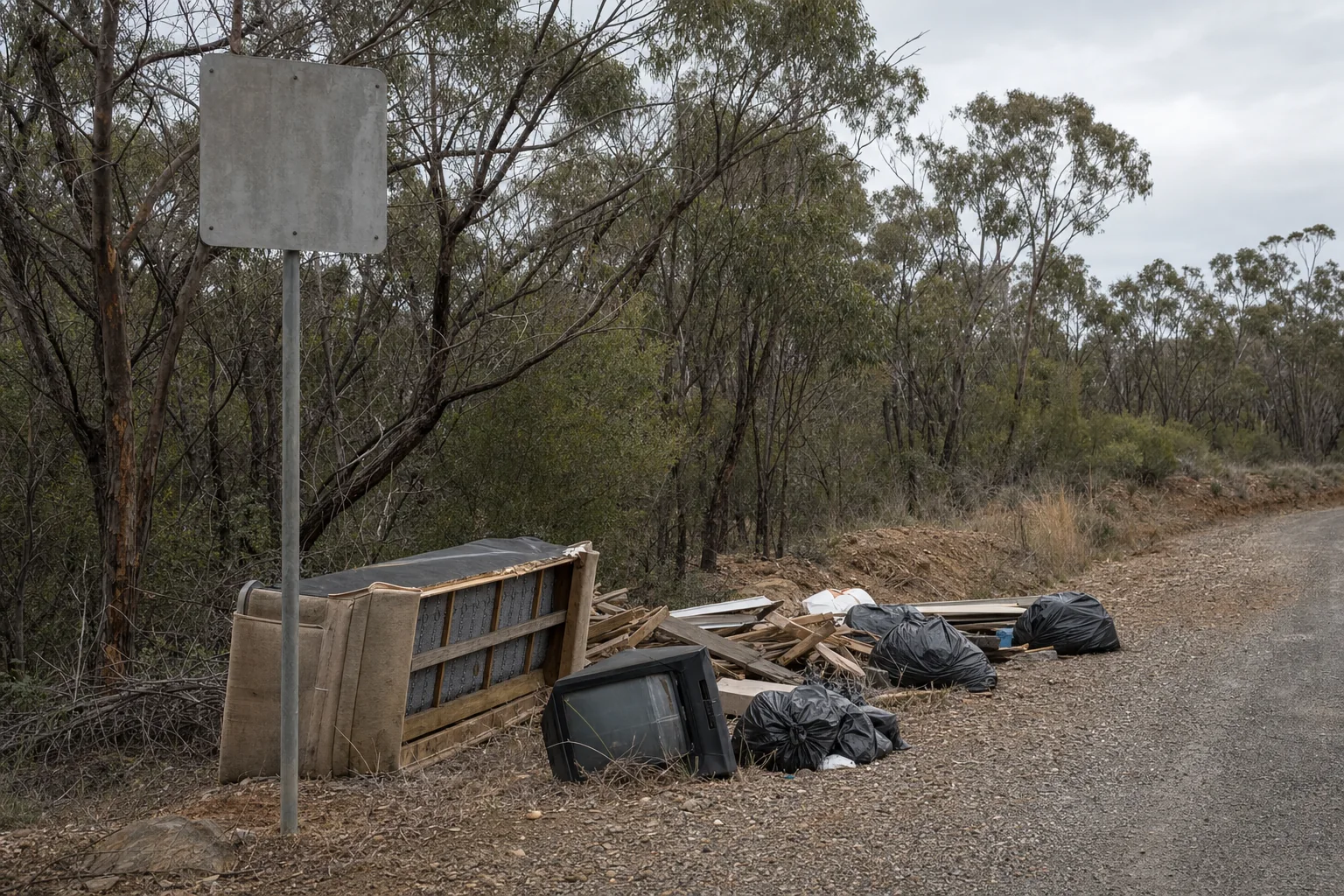 Household waste including a sofa, an old television and rubbish bags illegally dumped on a bushland road verge in Australia