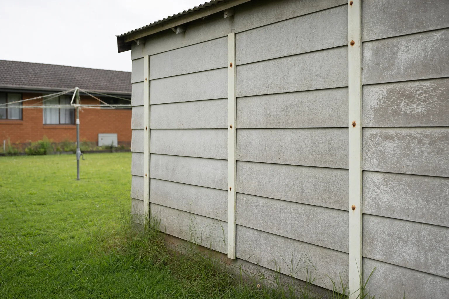 Weathered fibre cement sheeting on the wall of an older Australian backyard shed, the type of cladding common in houses built before 1990