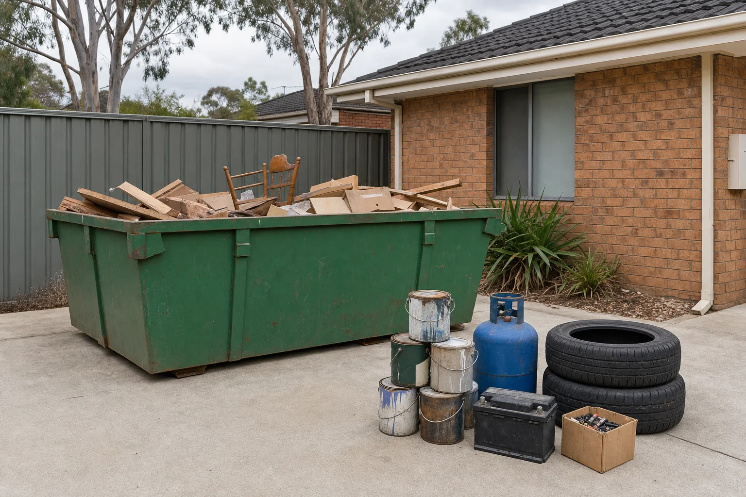 Green skip bin part-loaded with household waste on a suburban driveway, with paint tins, an LPG gas bottle, car tyres, a car battery and a box of loose household batteries set aside separately beside it