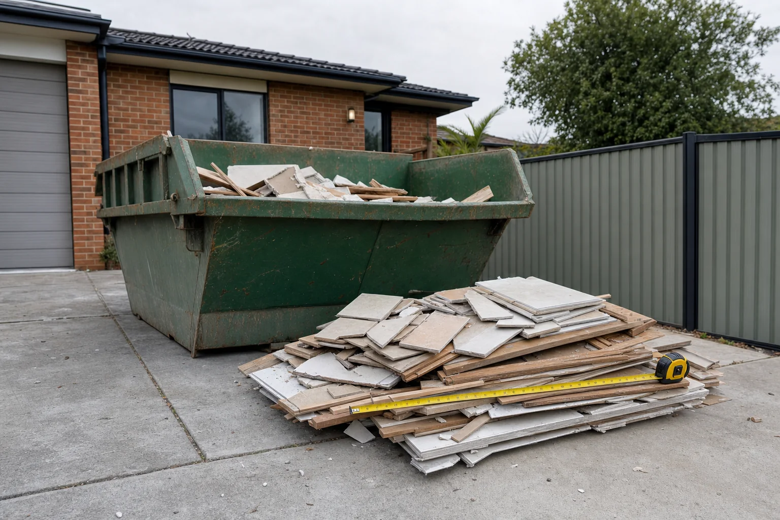 Stack of tiles, timber offcuts and plasterboard on a driveway with a tape measure laid across it, next to a part-filled green skip bin