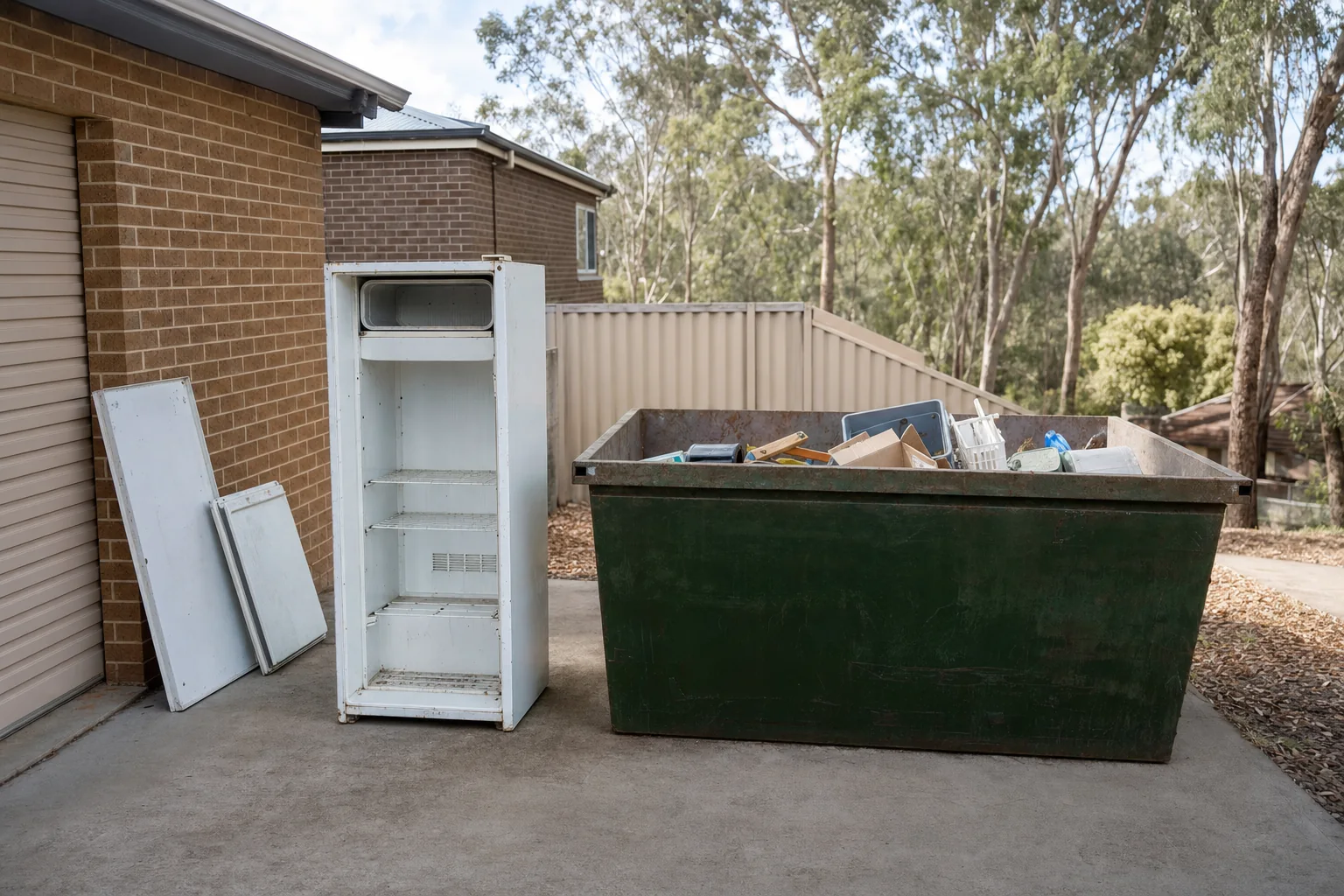 Old white refrigerator with its doors removed standing on a suburban driveway beside a part-filled green skip bin, set aside for separate disposal