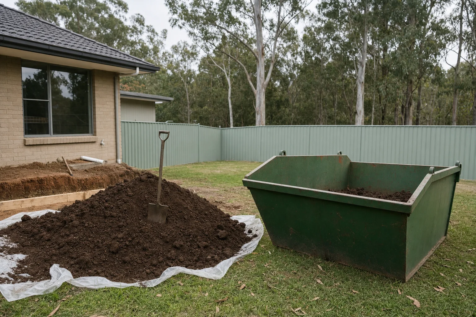 Mound of freshly excavated soil on plastic sheeting beside a green skip bin part-filled with dirt in an Australian backyard