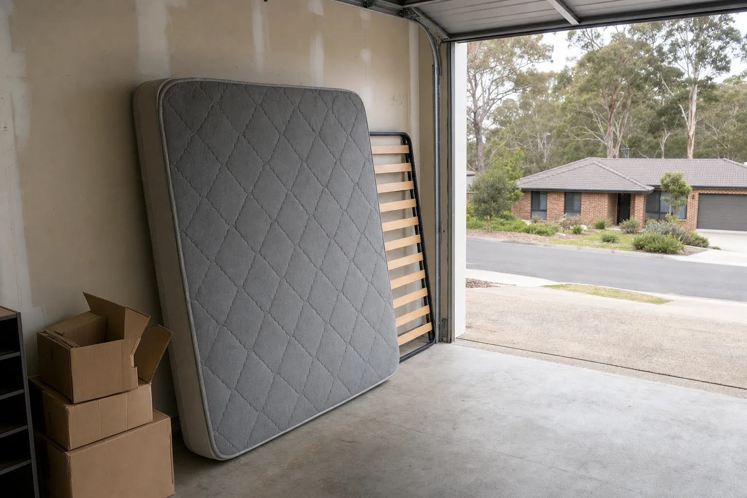 Old grey double mattress stood on its side against the wall of an Australian suburban garage with moving boxes and a bed frame beside it, stored ready for collection rather than left on the kerb