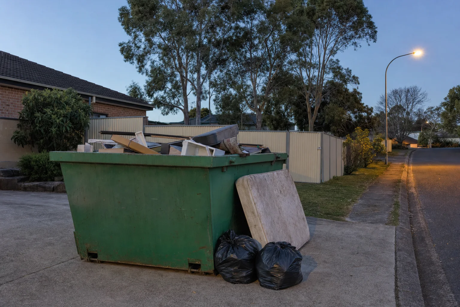 Green skip bin on a suburban driveway at dusk with a discarded mattress and black rubbish bags dumped beside it