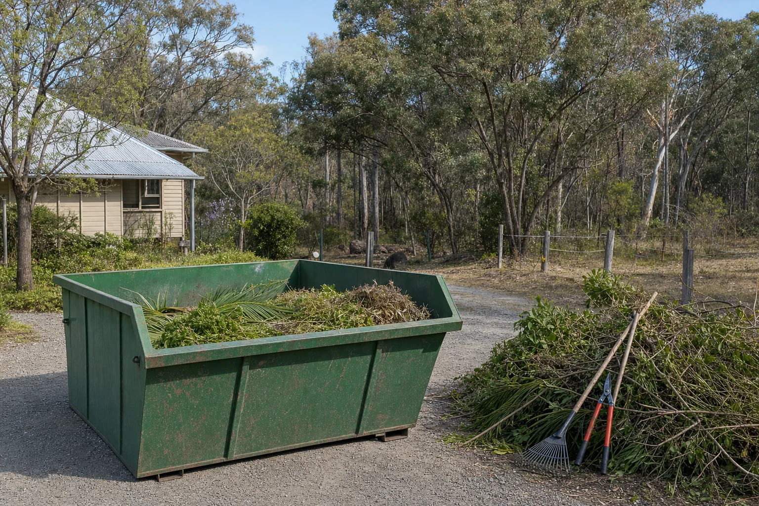 Green skip bin part-filled with branches and garden prunings on a gravel driveway at a semi-rural Australian property, with a pile of cut vegetation and garden tools beside it