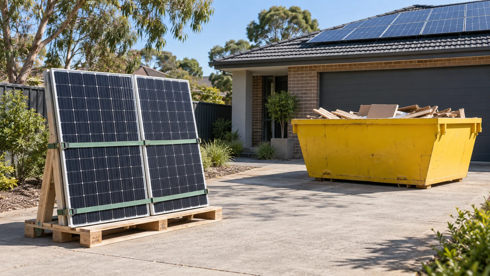Old solar panels secured separately from a skip bin on an Australian driveway