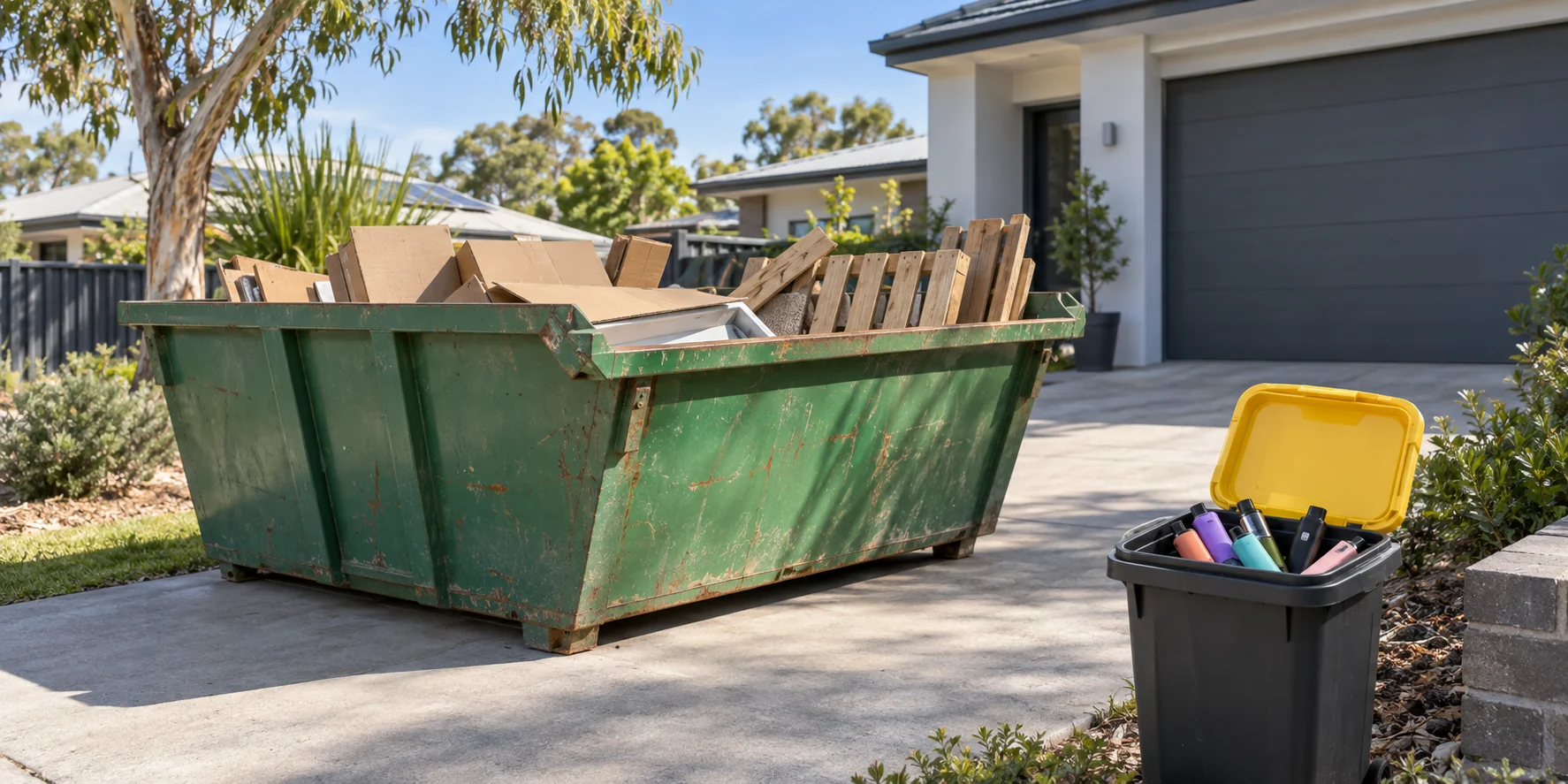 Disposable vapes kept separate from a skip bin on an Australian driveway